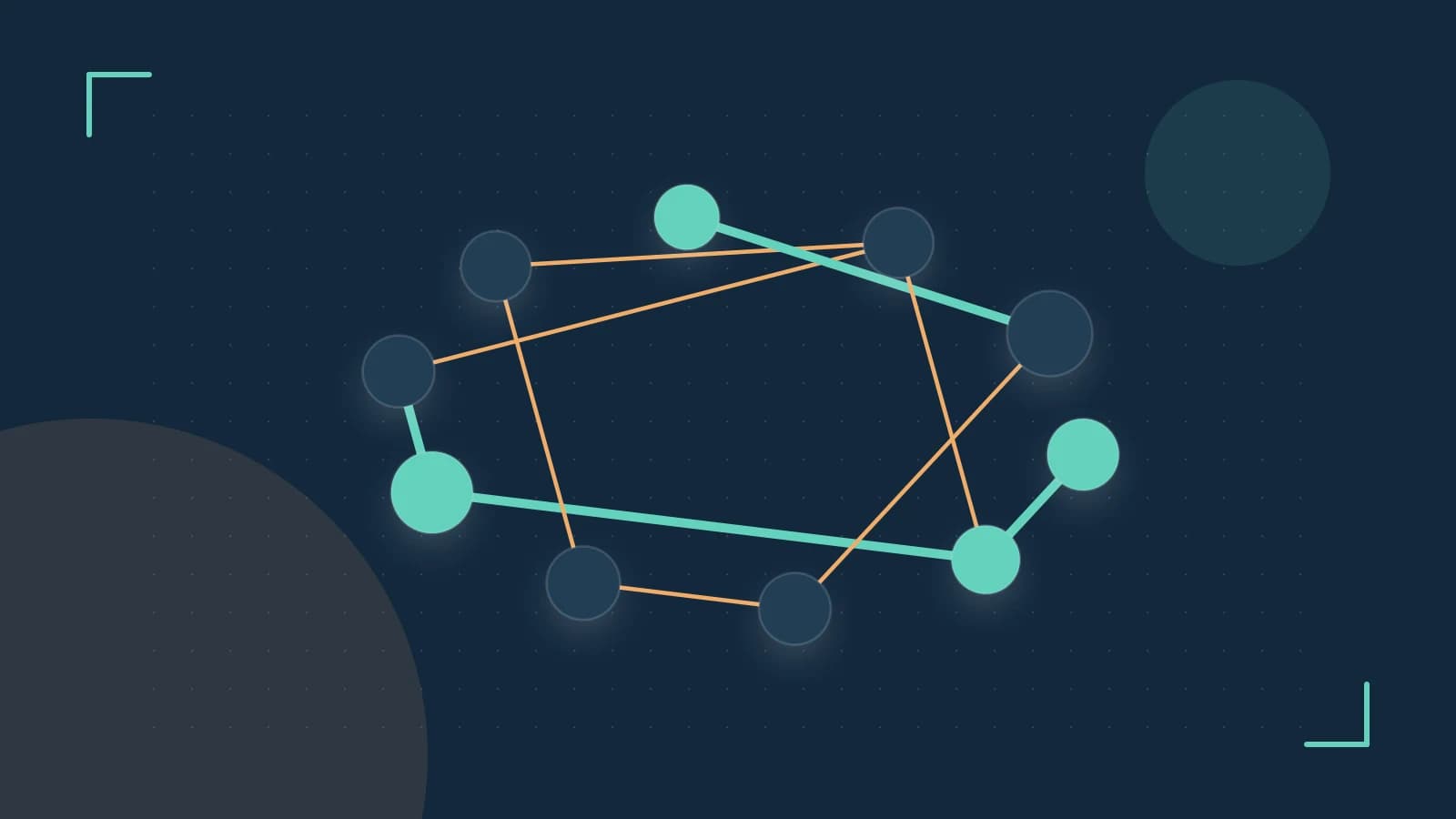 Editorial illustration of an algorithmic node graph with branching paths and a highlighted result