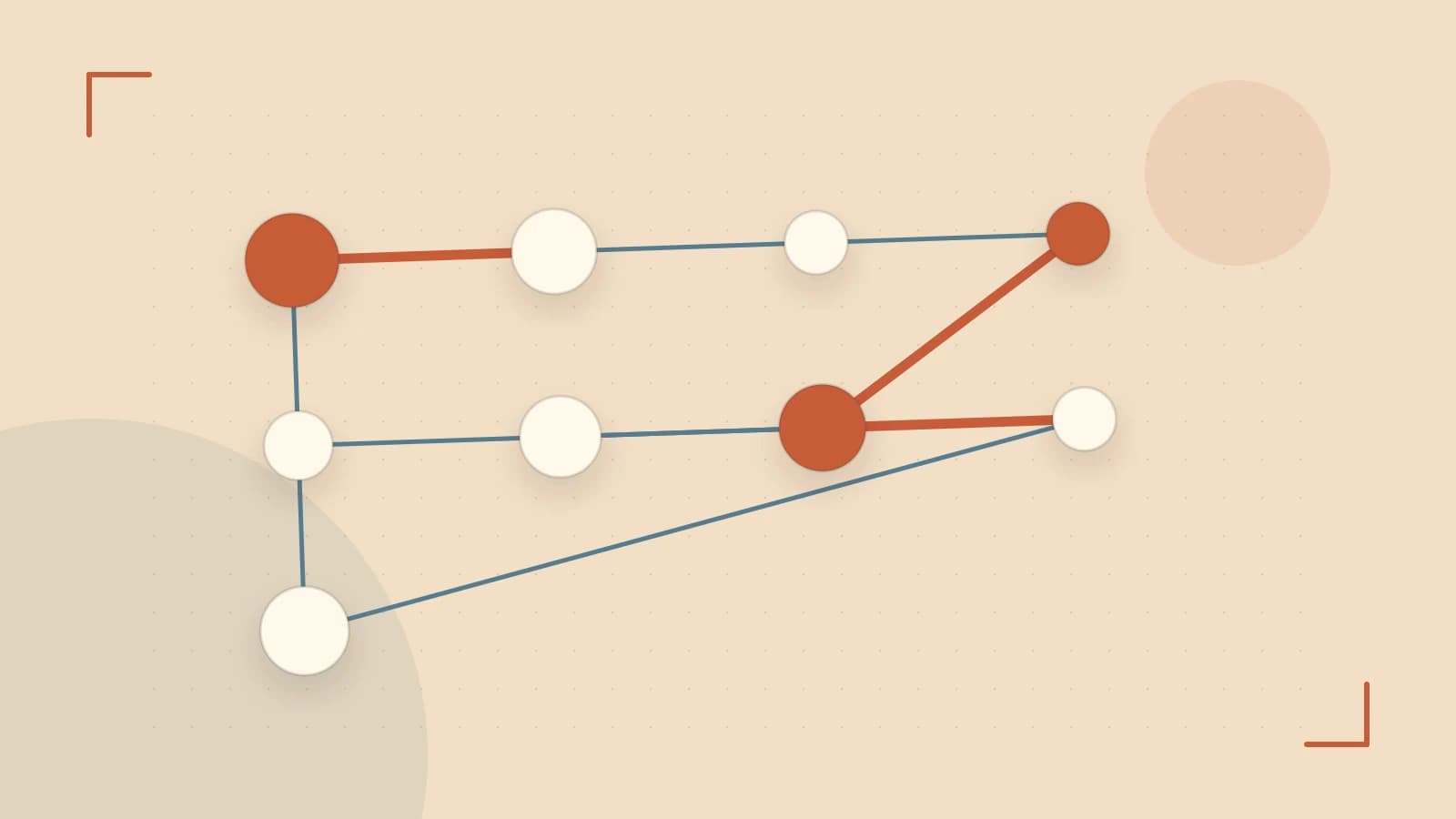 Editorial illustration of an algorithmic node graph with branching paths and a highlighted result