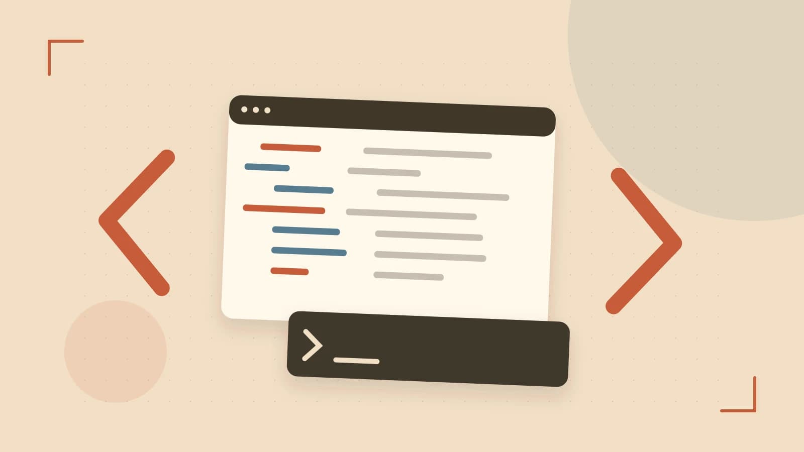 Editorial illustration of an abstract code editor, syntax blocks and oversized programming brackets