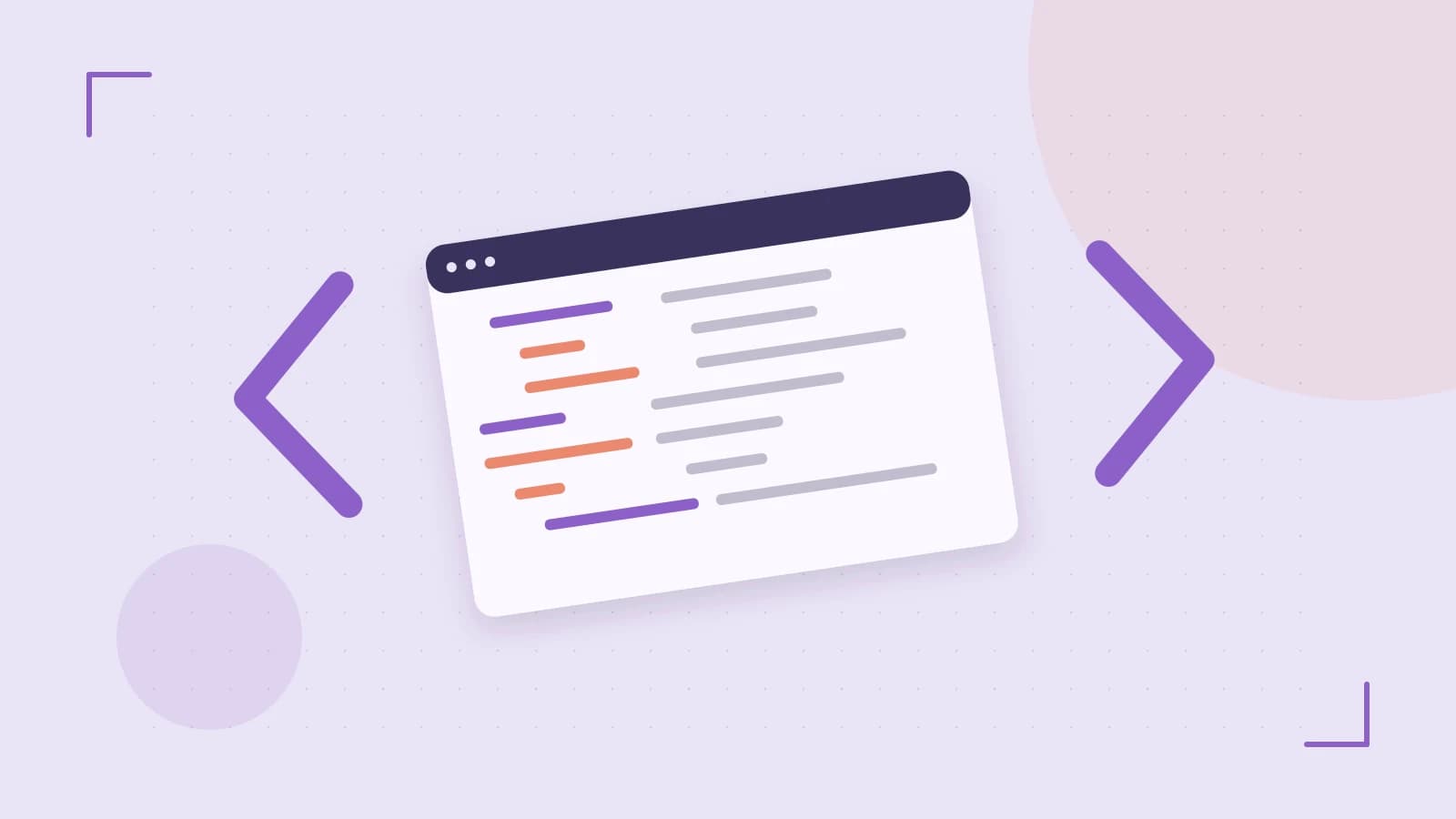 Editorial illustration of an abstract code editor, syntax blocks and oversized programming brackets