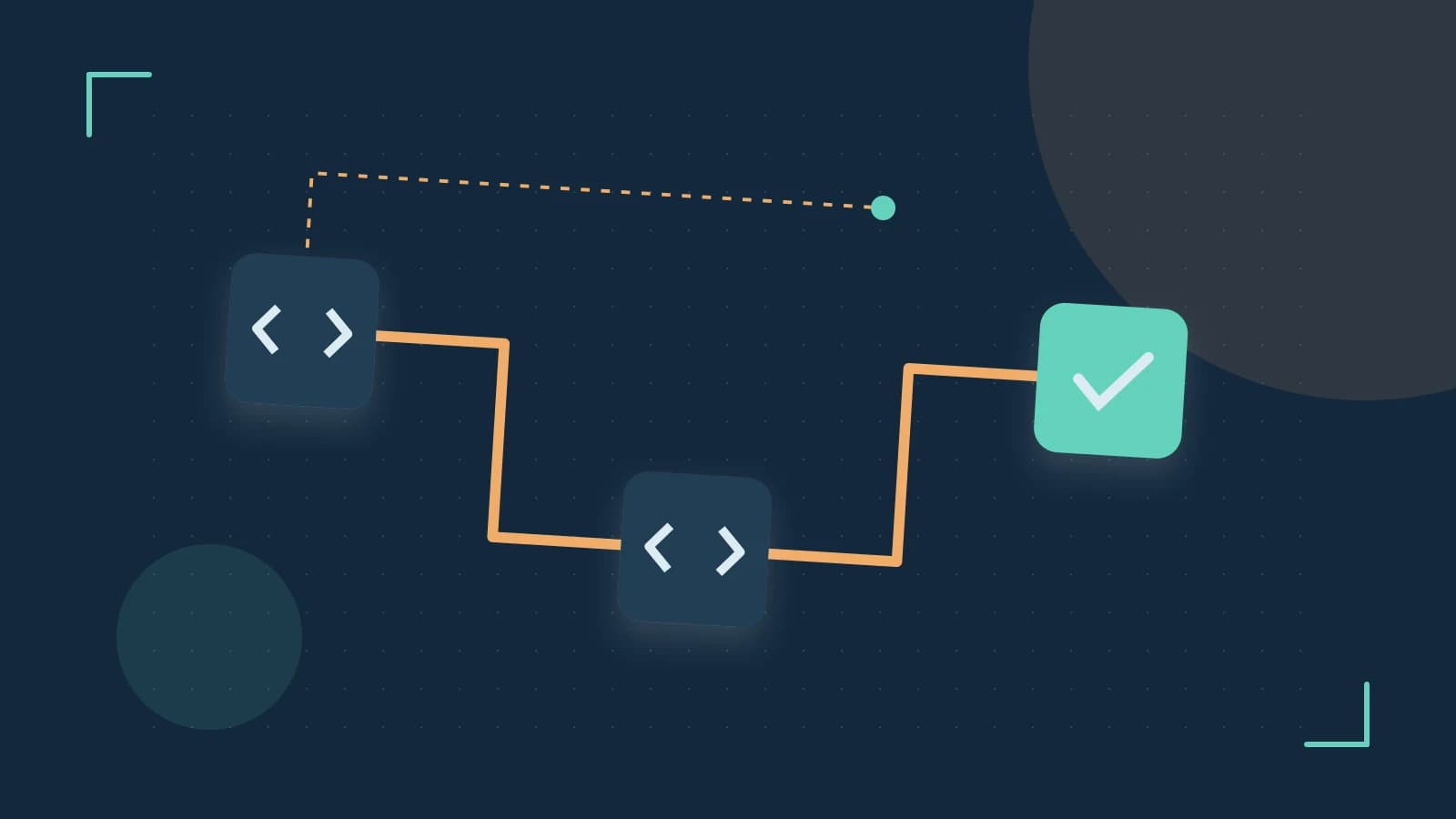Editorial illustration of a branching build pipeline, staged transformations and a completed check