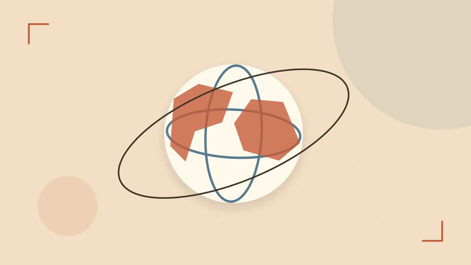 Editorial illustration of an editorial globe with meridians and layered geographic shapes