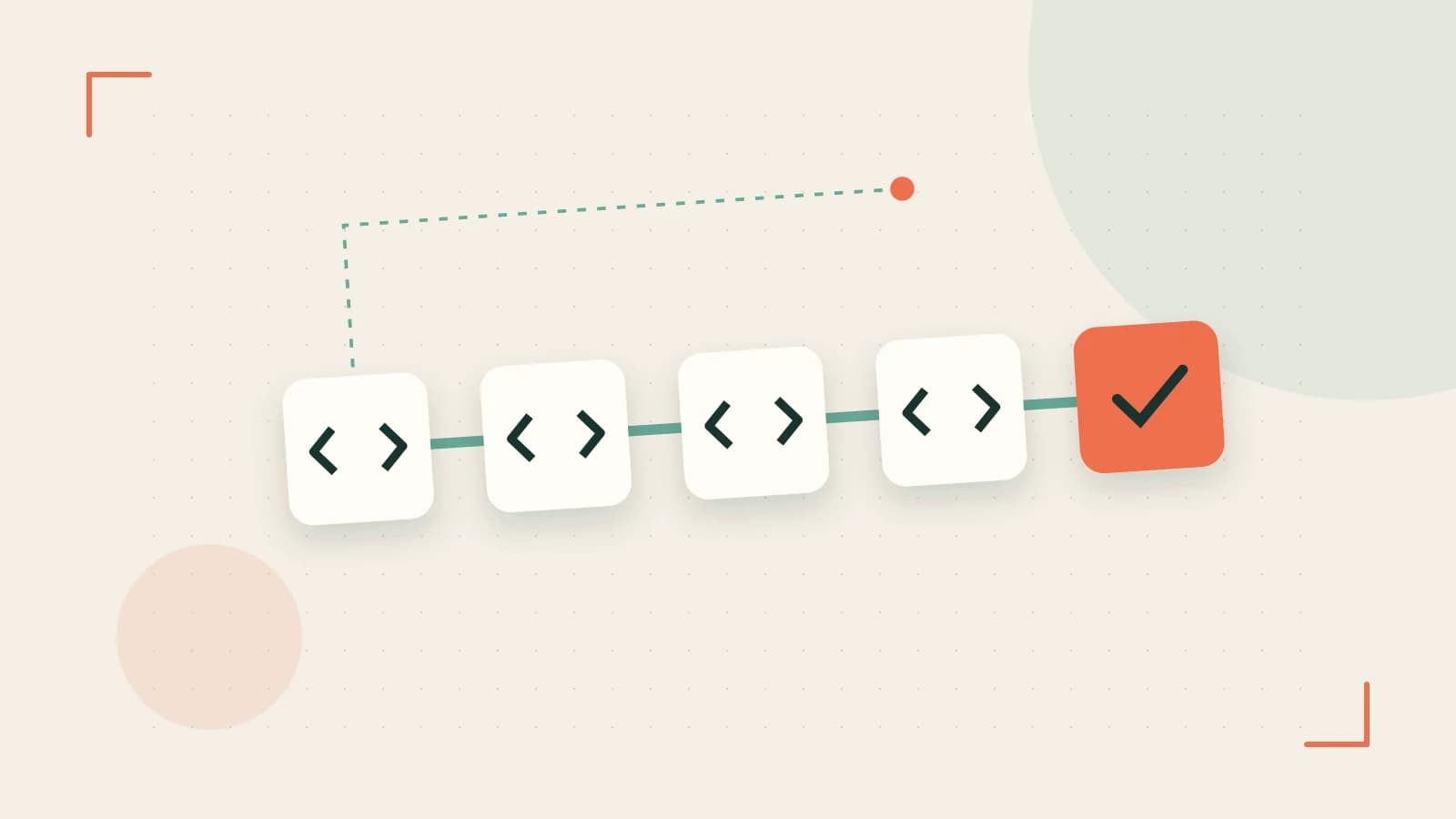 Editorial illustration of a branching build pipeline, staged transformations and a completed check