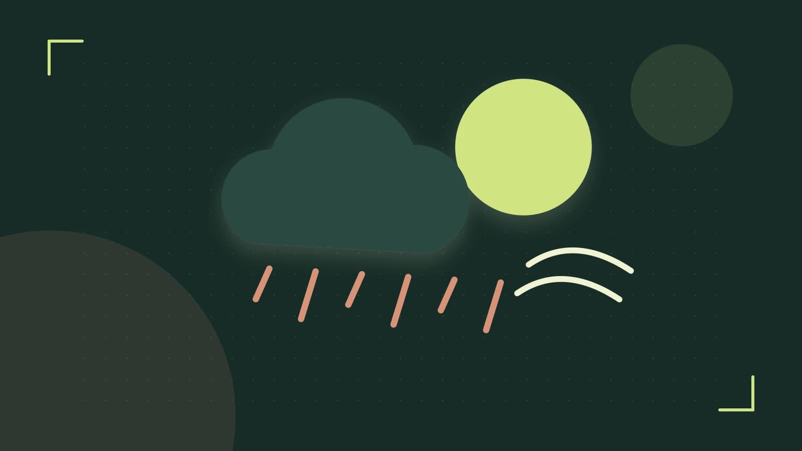 Editorial illustration of a sun, layered clouds, raindrops and flowing weather patterns