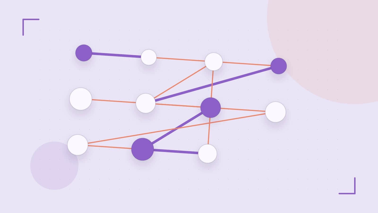 Editorial illustration of an algorithmic node graph with branching paths and a highlighted result