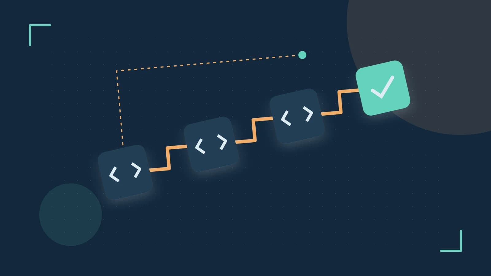 Editorial illustration of a branching build pipeline, staged transformations and a completed check