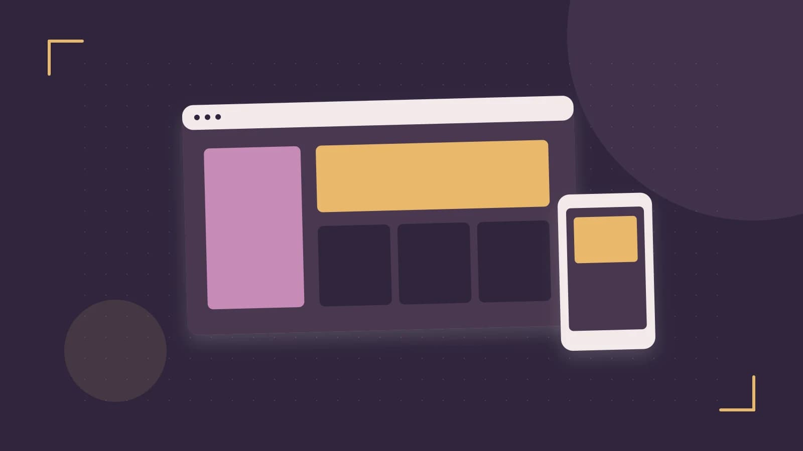Editorial illustration of responsive browser layouts, overlapping design components and a color system