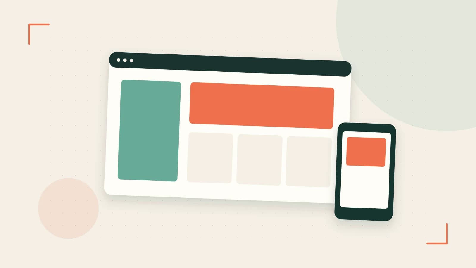 Editorial illustration of responsive browser layouts, overlapping design components and a color system