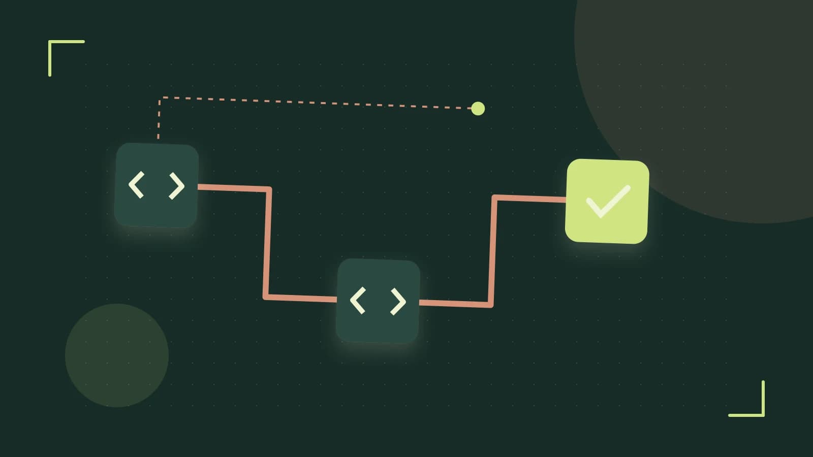 Editorial illustration of a branching build pipeline, staged transformations and a completed check
