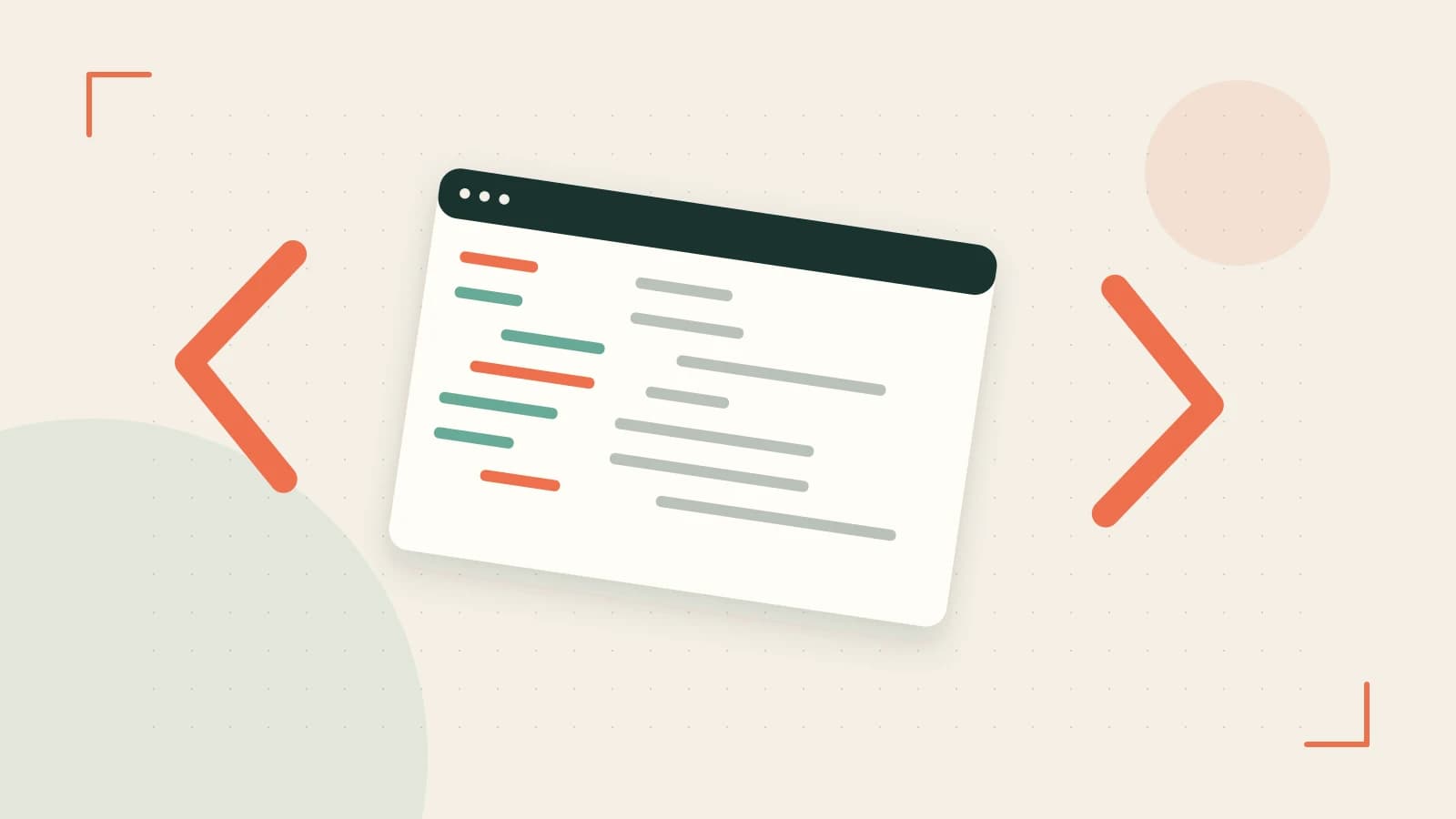 Editorial illustration of an abstract code editor, syntax blocks and oversized programming brackets