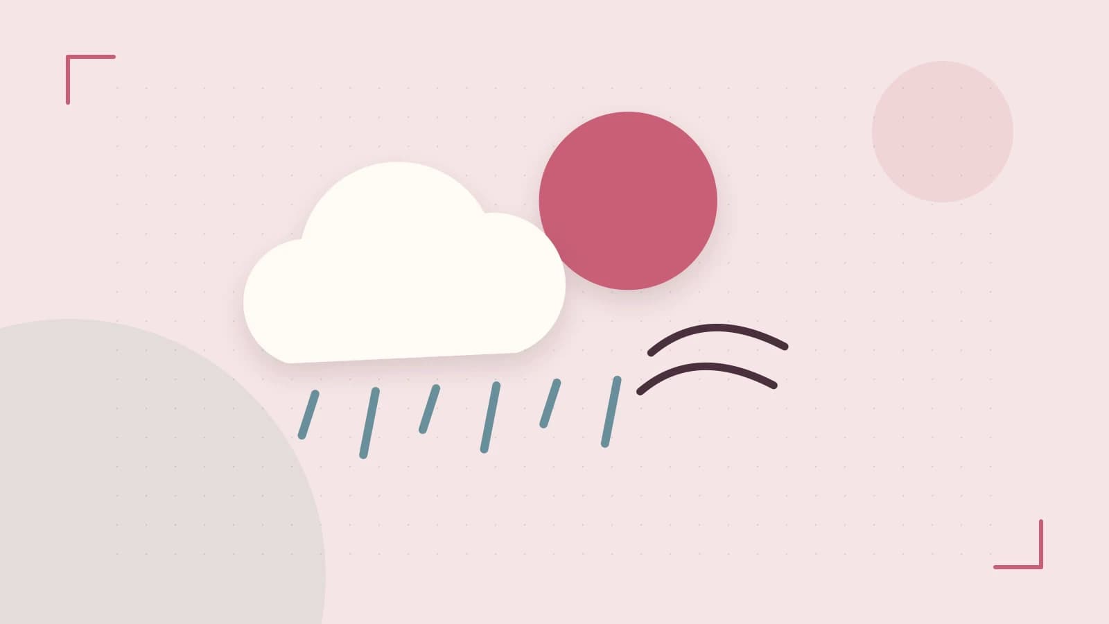 Editorial illustration of a sun, layered clouds, raindrops and flowing weather patterns