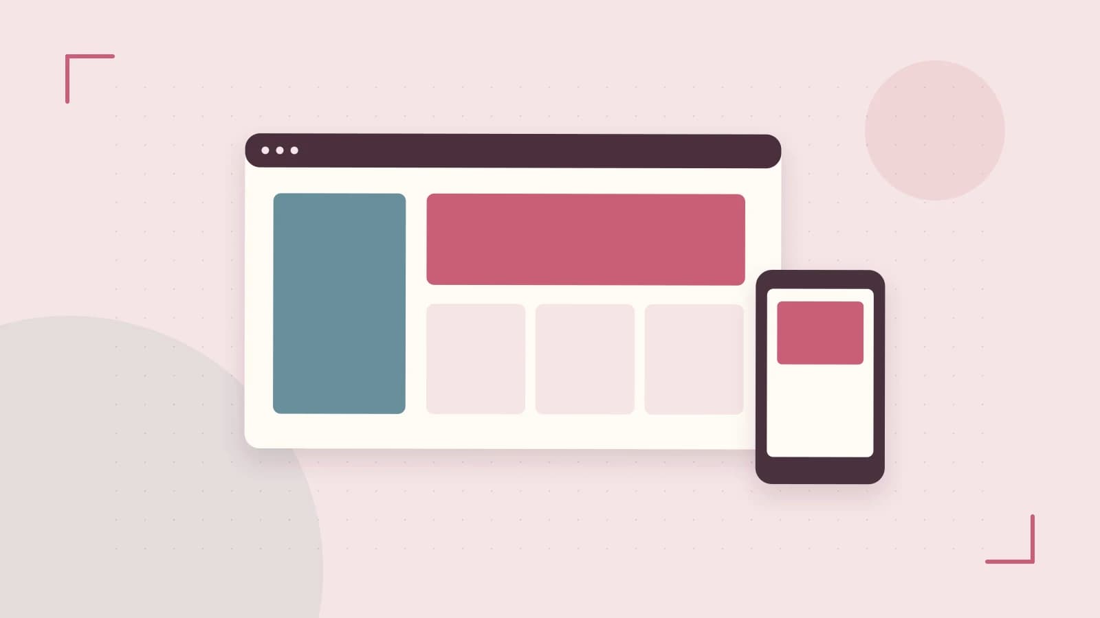 Editorial illustration of responsive browser layouts, overlapping design components and a color system
