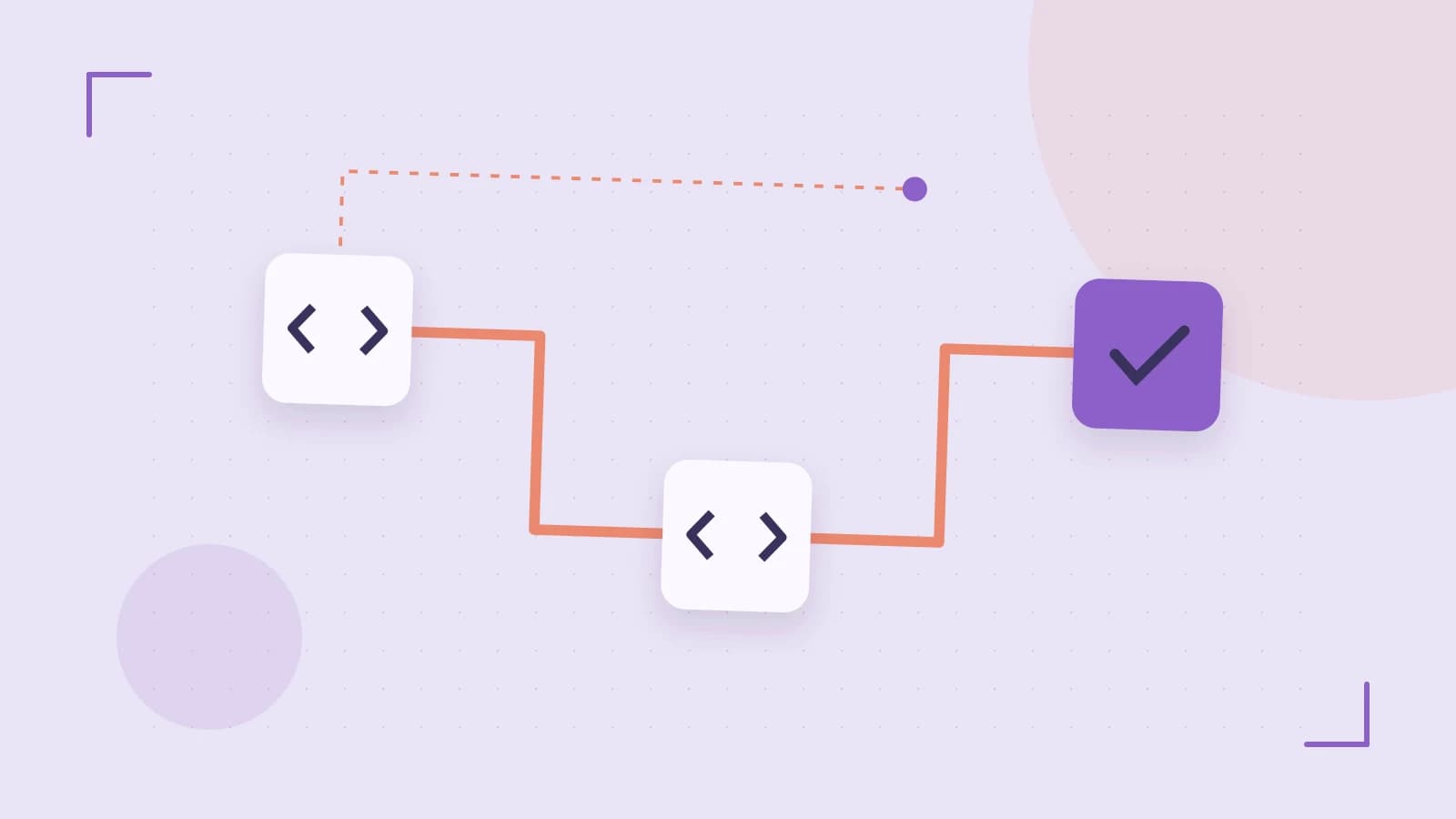 Editorial illustration of a branching build pipeline, staged transformations and a completed check