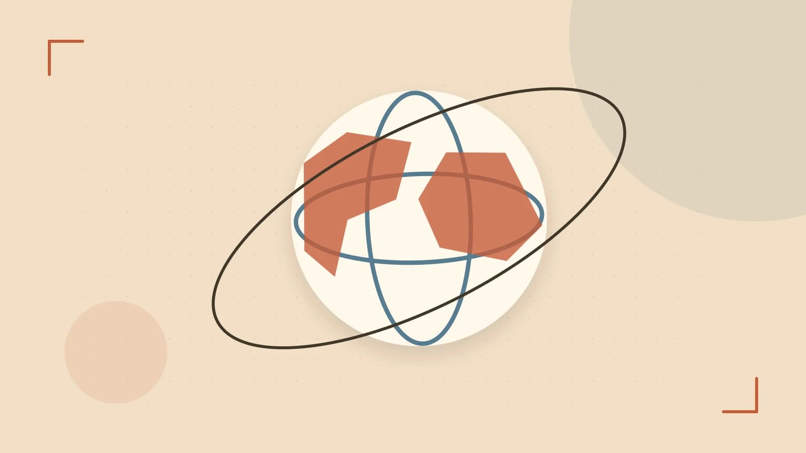 Editorial illustration of an editorial globe with meridians and layered geographic shapes