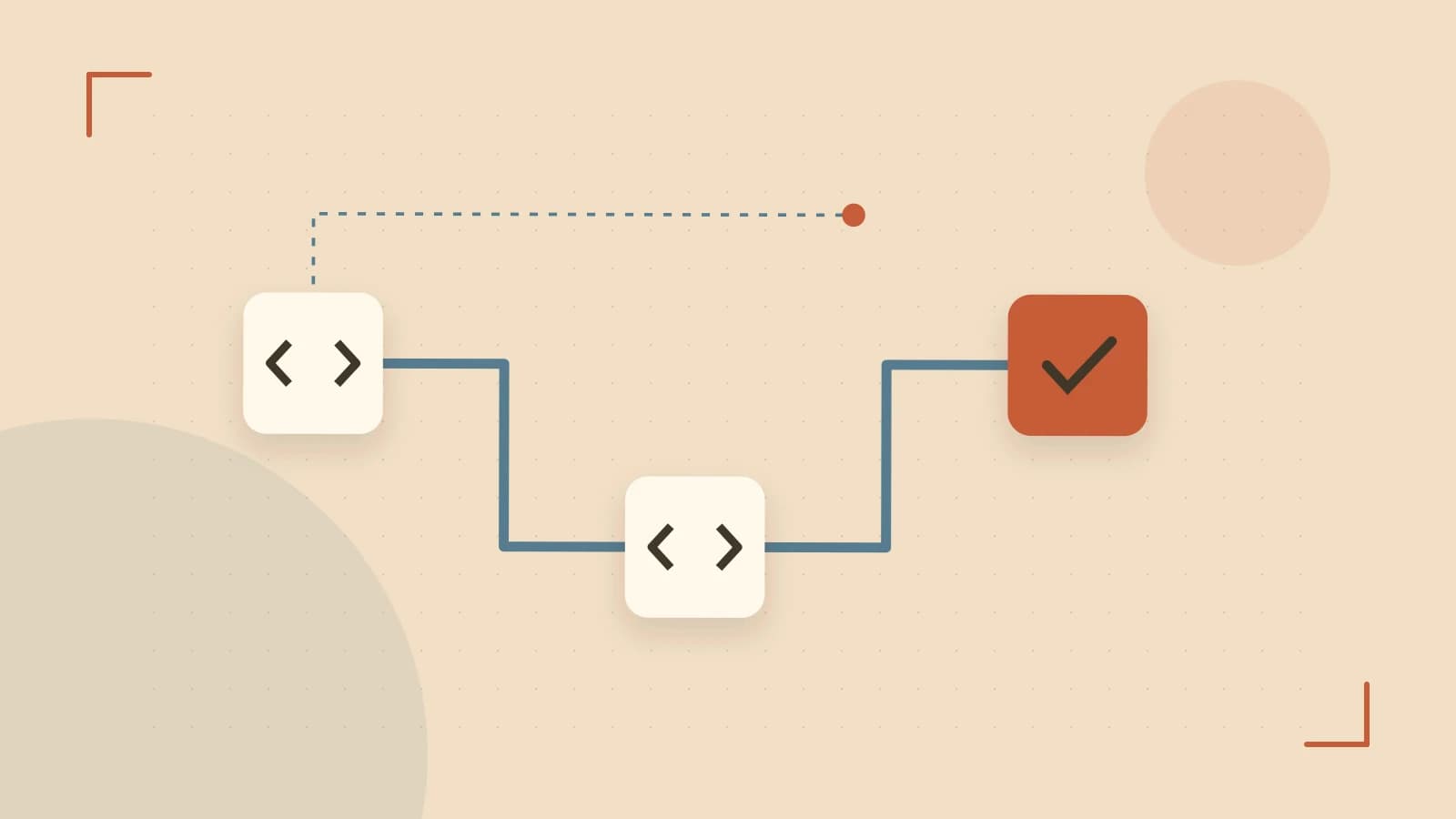 Editorial illustration of a branching build pipeline, staged transformations and a completed check