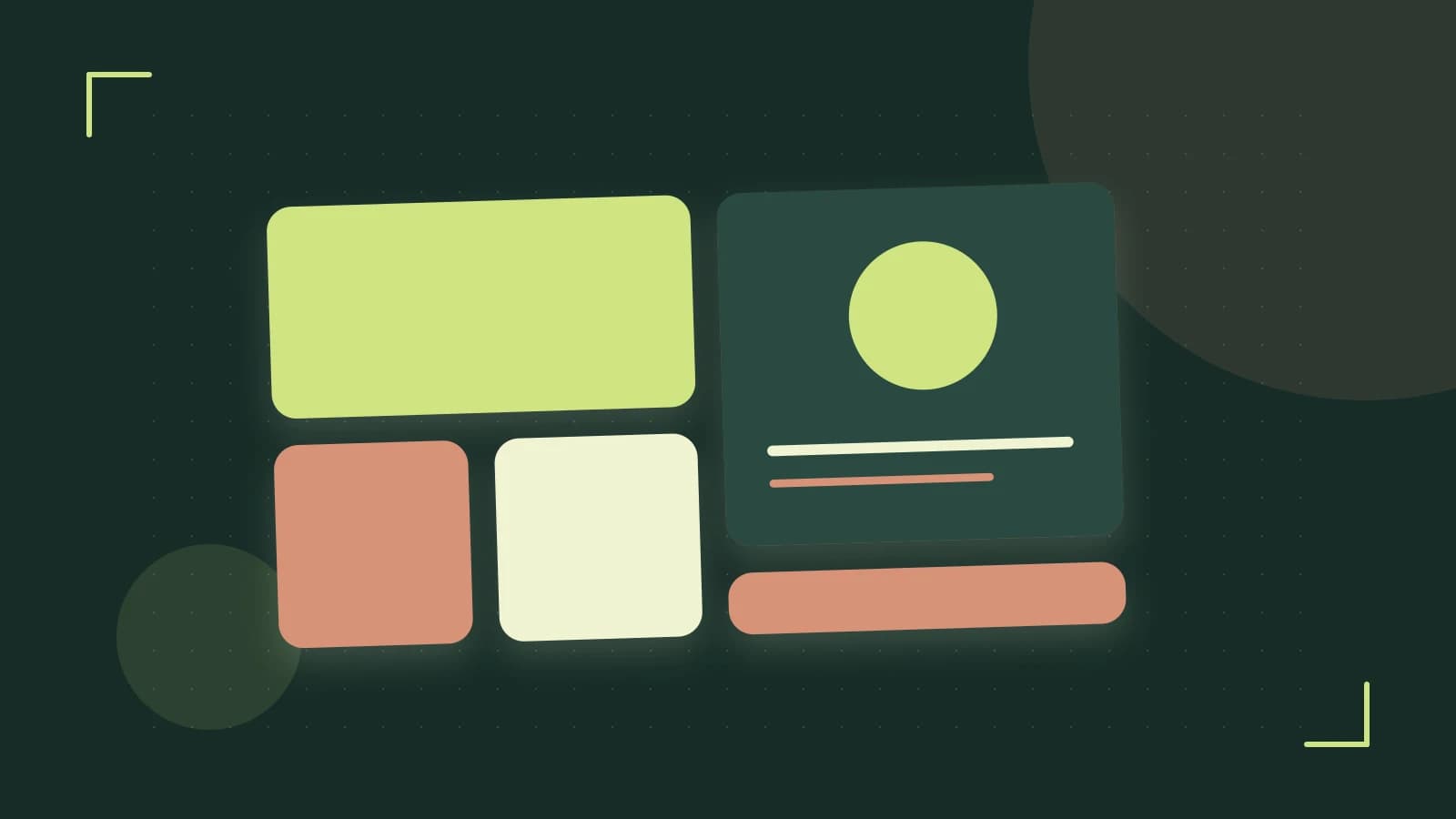 Editorial illustration of responsive browser layouts, overlapping design components and a color system