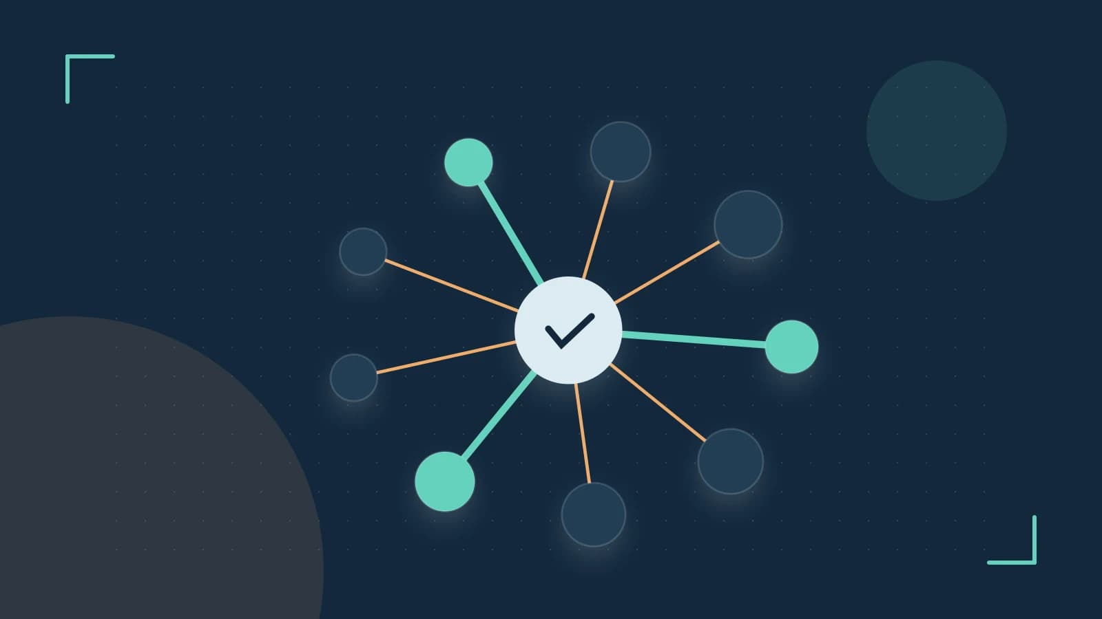 Editorial illustration of an algorithmic node graph with branching paths and a highlighted result