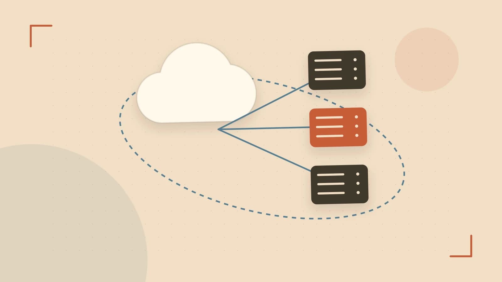 Editorial illustration of cloud infrastructure, connected server racks and an orbital service map