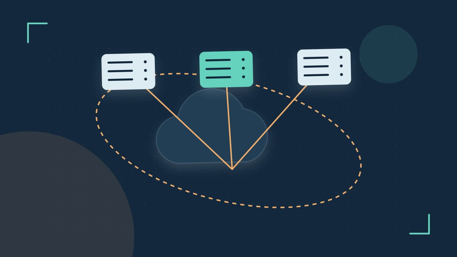 Editorial illustration of cloud infrastructure, connected server racks and an orbital service map