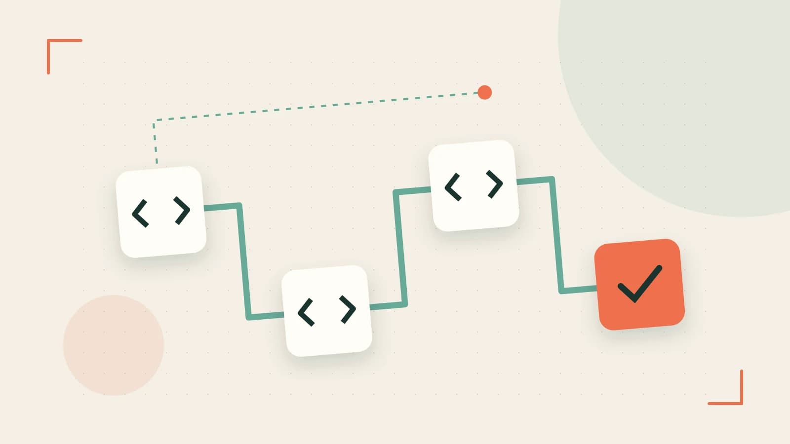 Editorial illustration of a branching build pipeline, staged transformations and a completed check