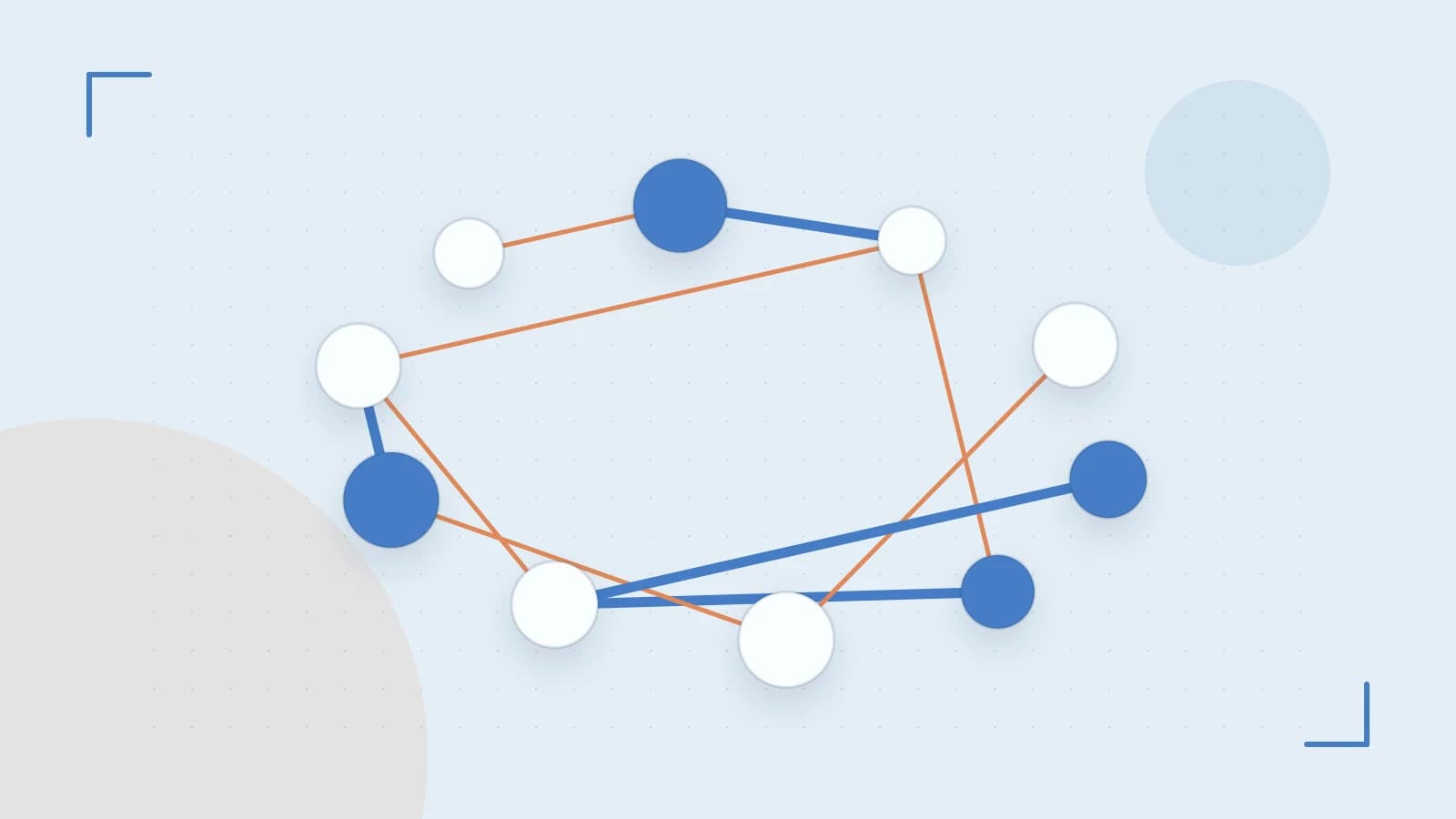 Editorial illustration of an algorithmic node graph with branching paths and a highlighted result