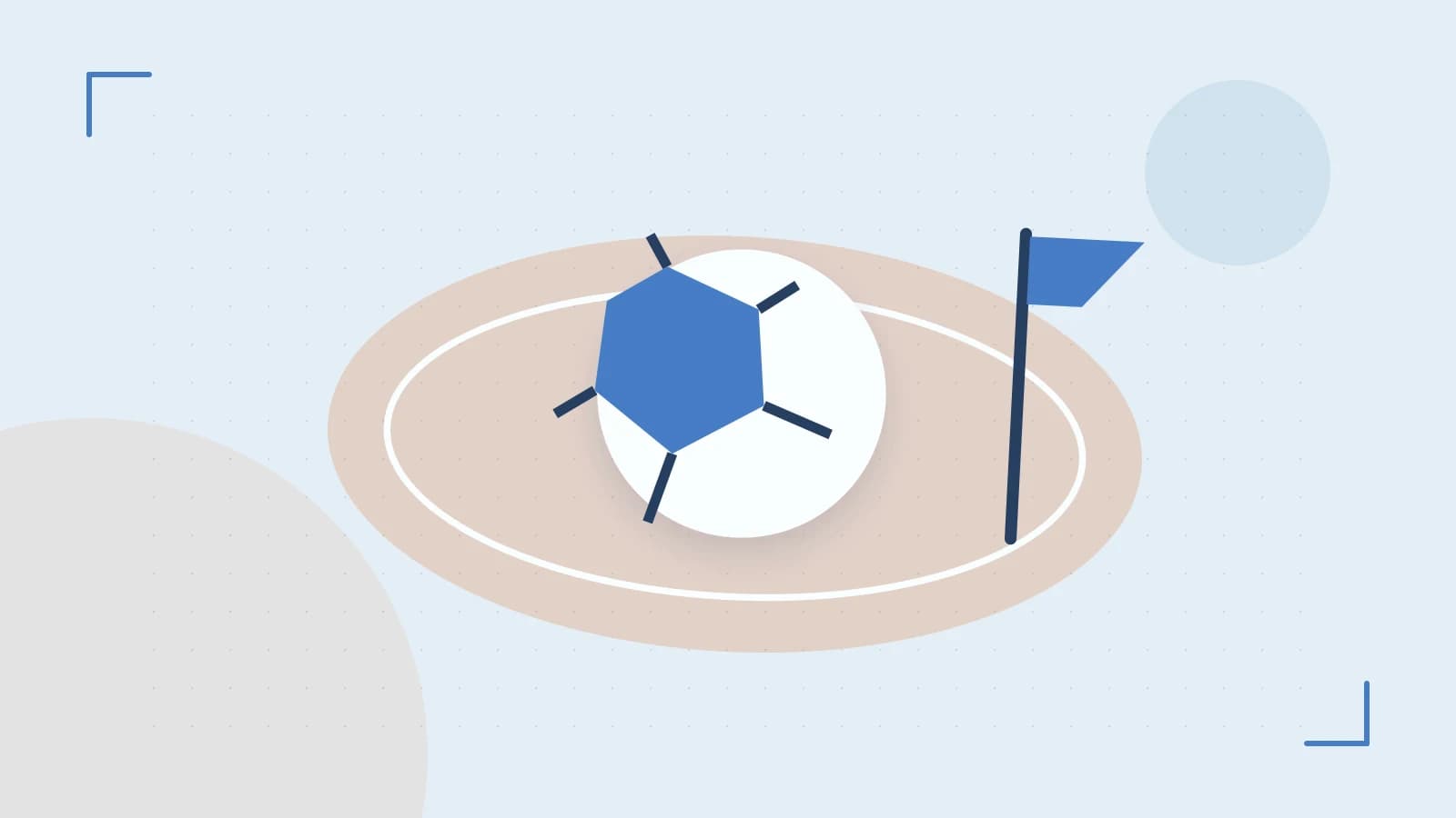 Editorial illustration of a stylized sports ball, stadium geometry and dynamic arcs