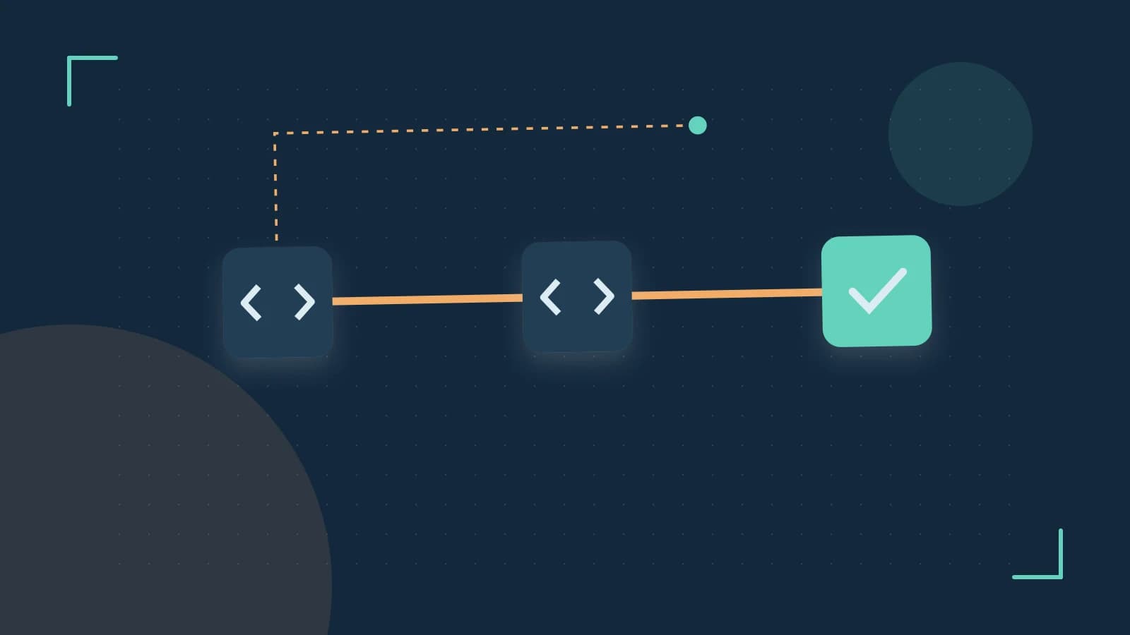 Editorial illustration of a branching build pipeline, staged transformations and a completed check