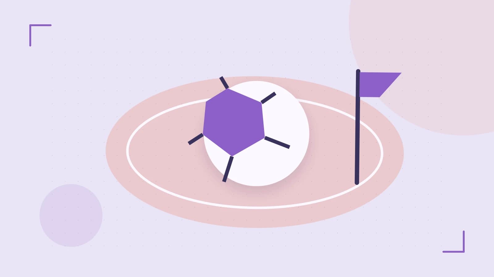 Editorial illustration of a stylized sports ball, stadium geometry and dynamic arcs