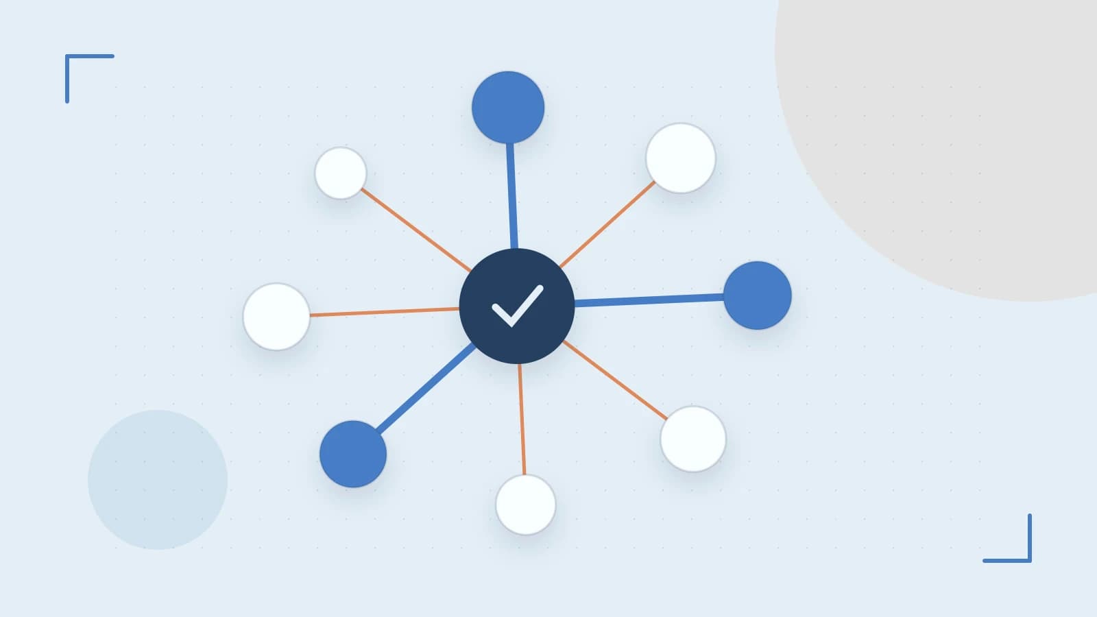 Editorial illustration of an algorithmic node graph with branching paths and a highlighted result
