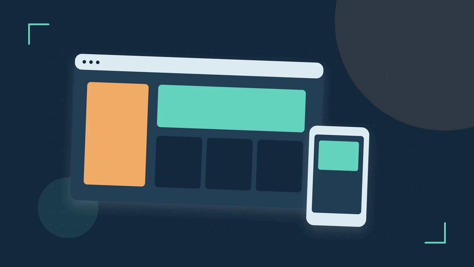 Editorial illustration of responsive browser layouts, overlapping design components and a color system