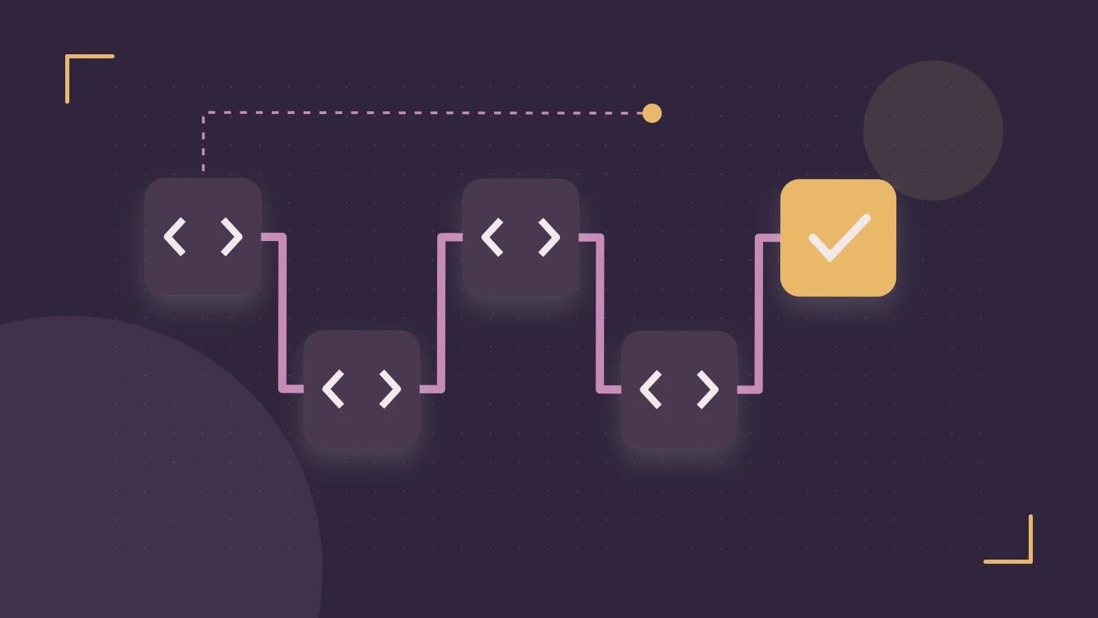 Editorial illustration of a branching build pipeline, staged transformations and a completed check