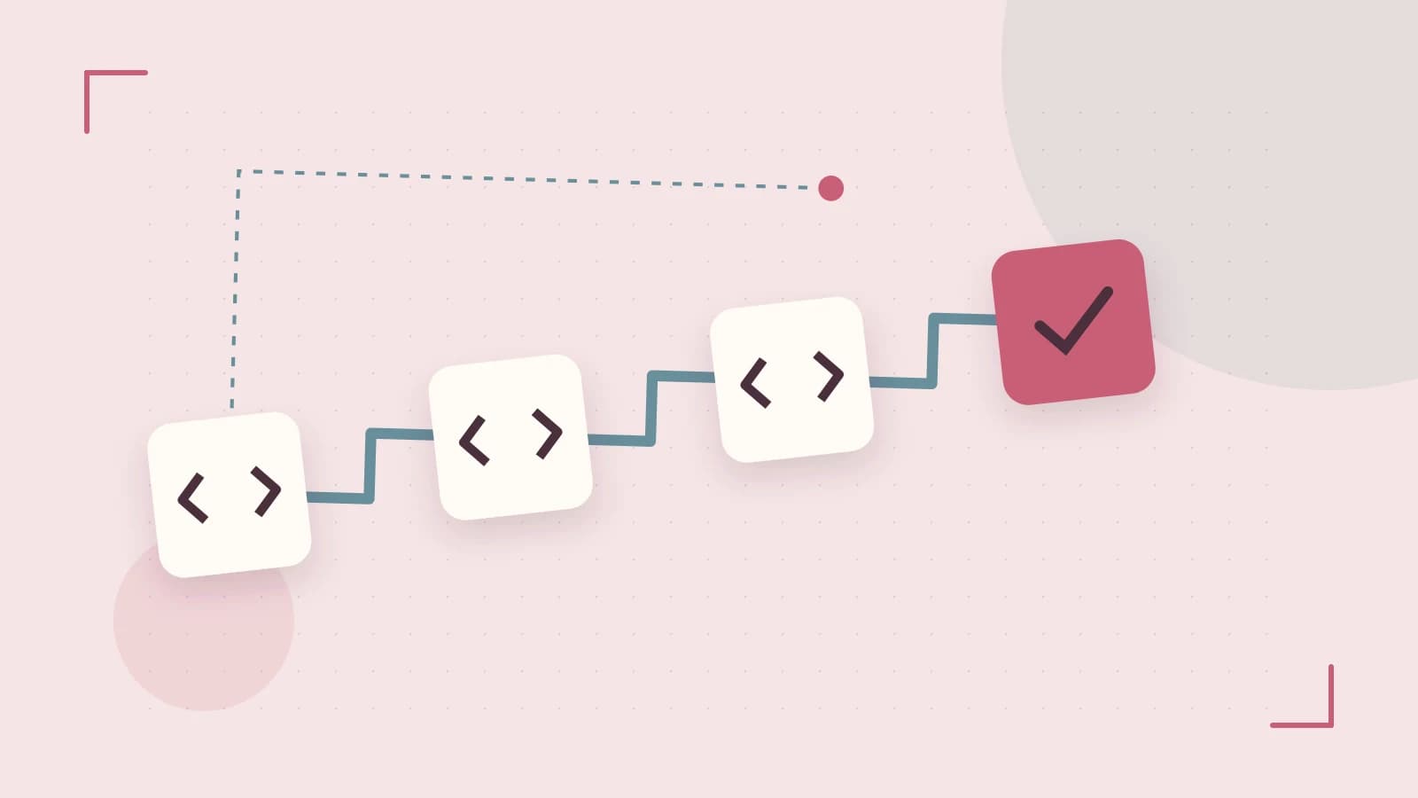 Editorial illustration of a branching build pipeline, staged transformations and a completed check