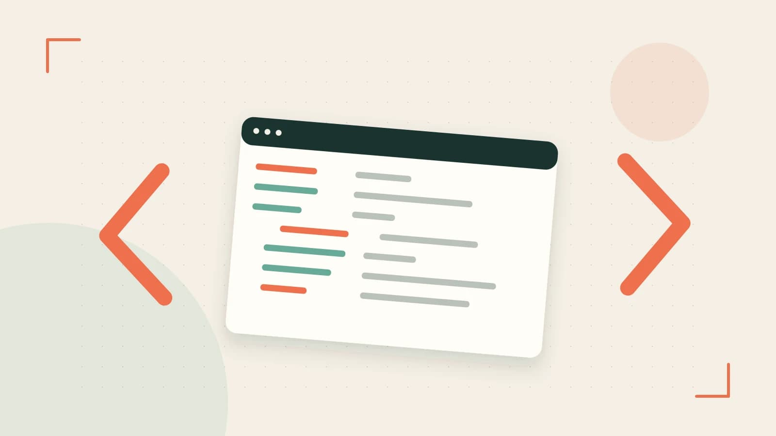 Editorial illustration of an abstract code editor, syntax blocks and oversized programming brackets