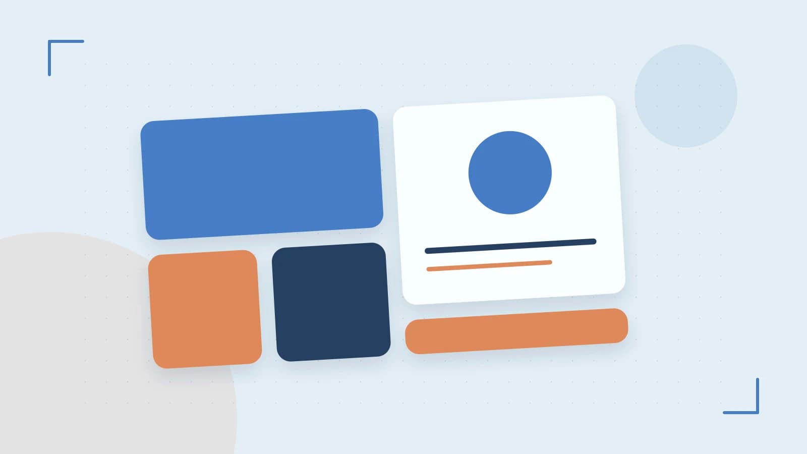 Editorial illustration of responsive browser layouts, overlapping design components and a color system