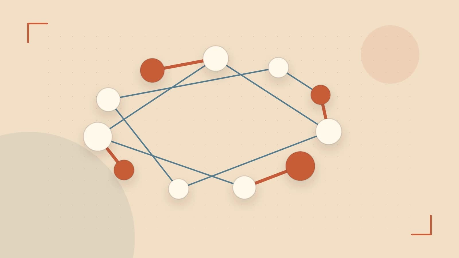 Editorial illustration of an algorithmic node graph with branching paths and a highlighted result