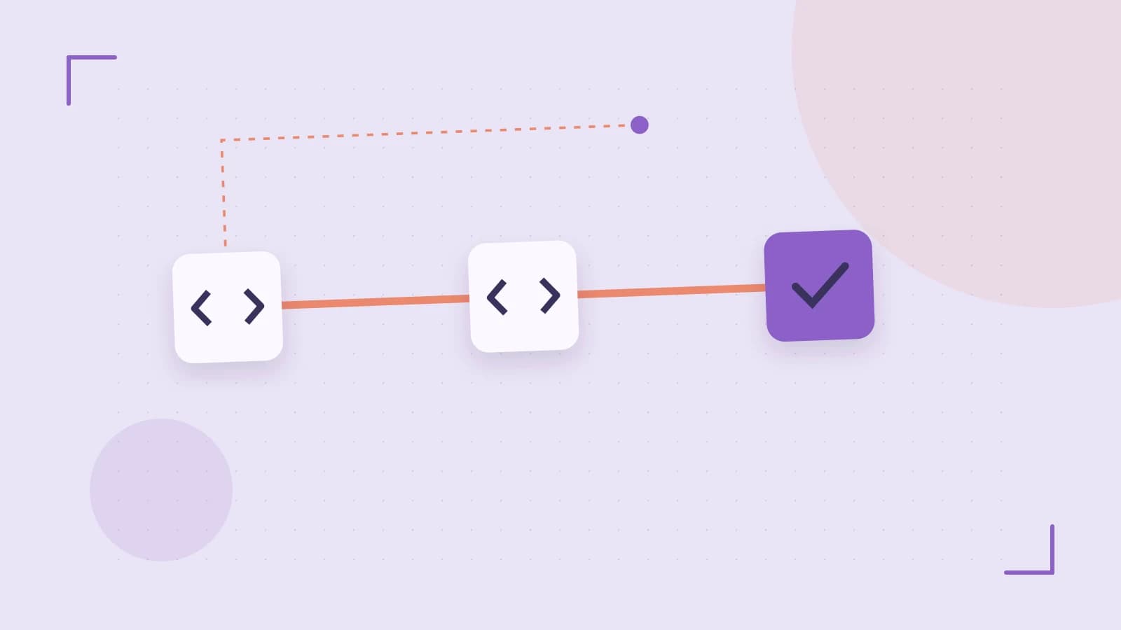 Editorial illustration of a branching build pipeline, staged transformations and a completed check