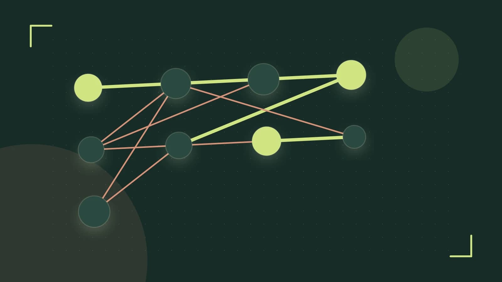 Editorial illustration of an algorithmic node graph with branching paths and a highlighted result