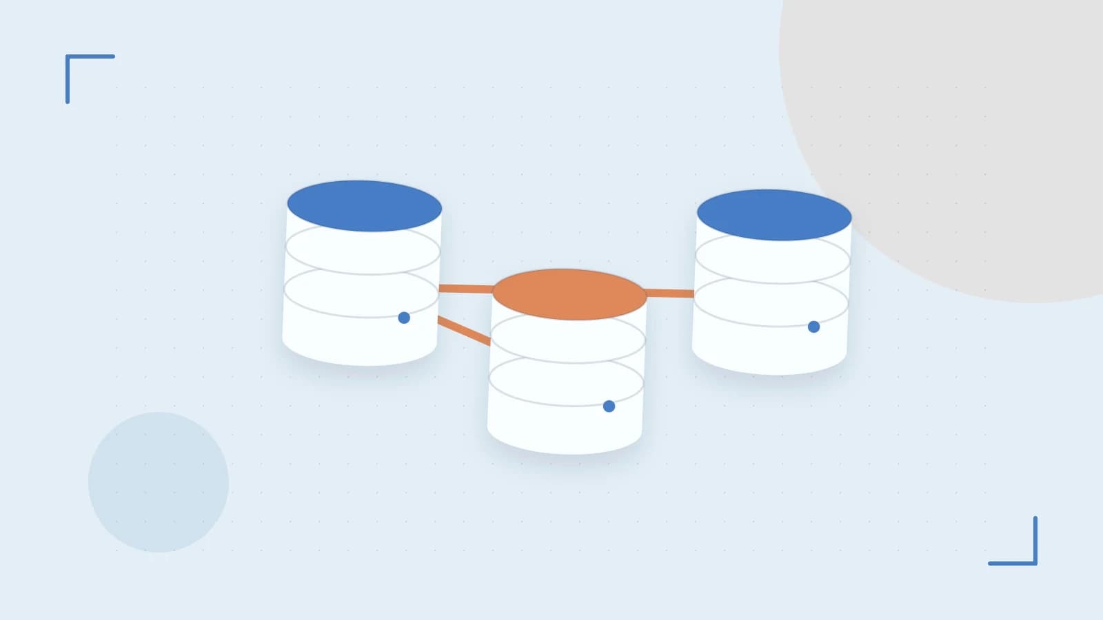 Editorial illustration of structured records, database cylinders and relationships between tables