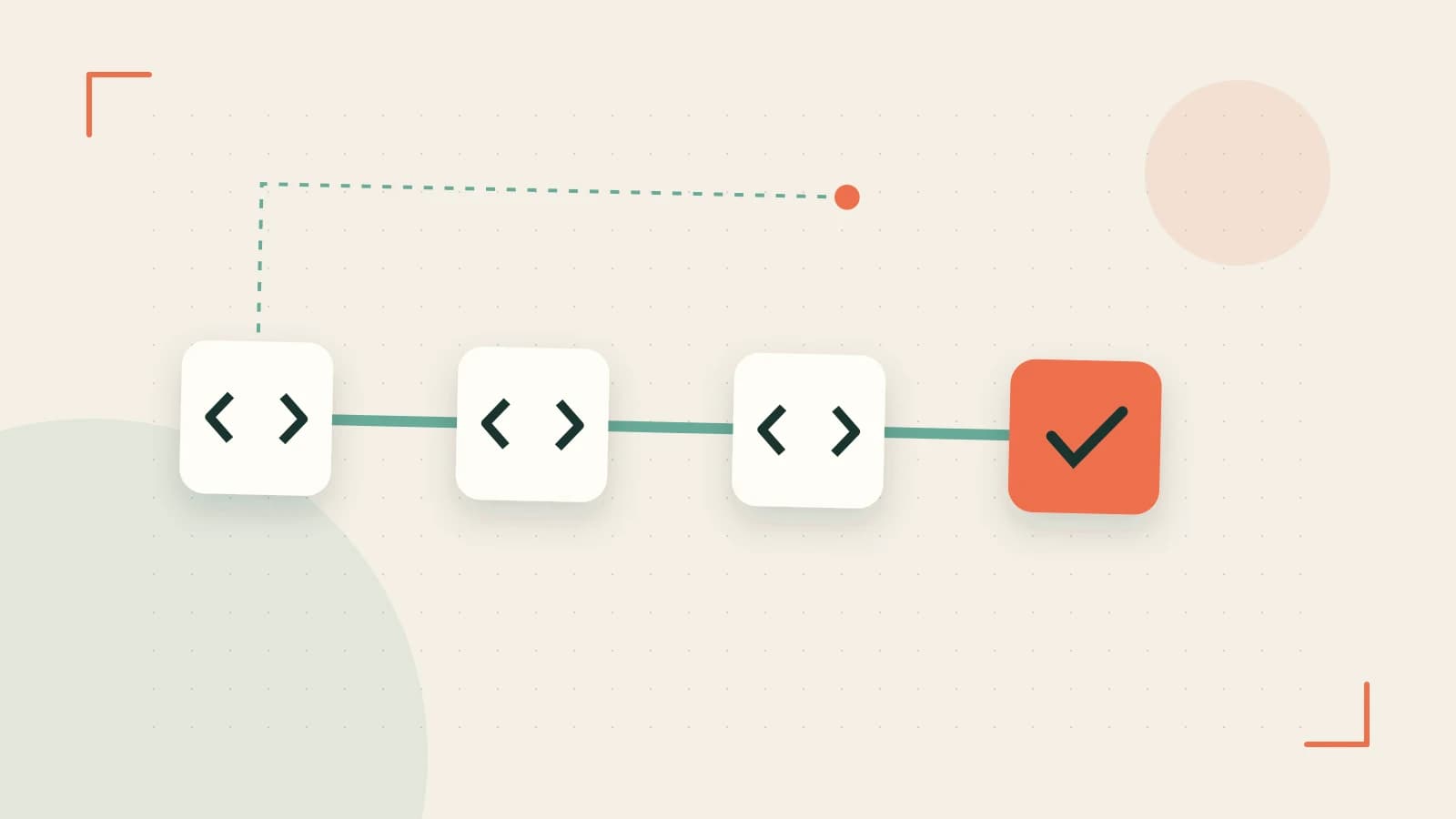 Editorial illustration of a branching build pipeline, staged transformations and a completed check