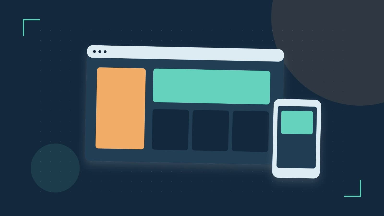 Editorial illustration of responsive browser layouts, overlapping design components and a color system