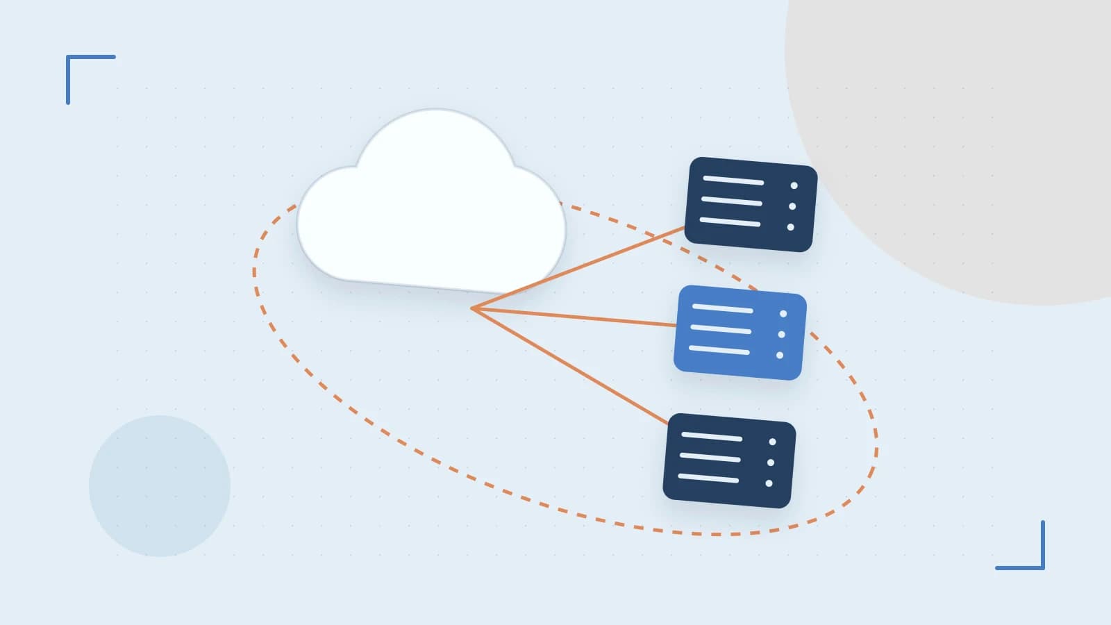 Editorial illustration of cloud infrastructure, connected server racks and an orbital service map