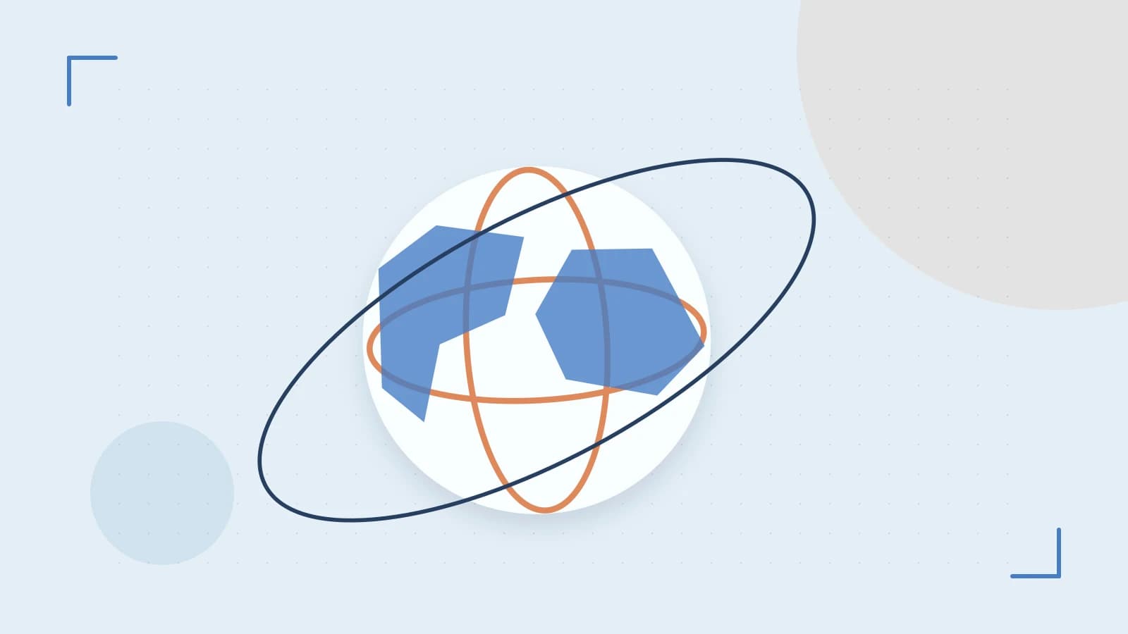 Editorial illustration of an editorial globe with meridians and layered geographic shapes