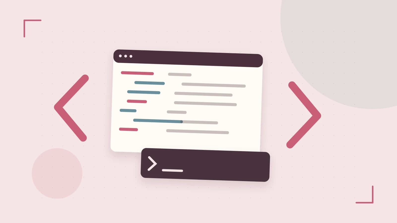 Editorial illustration of an abstract code editor, syntax blocks and oversized programming brackets