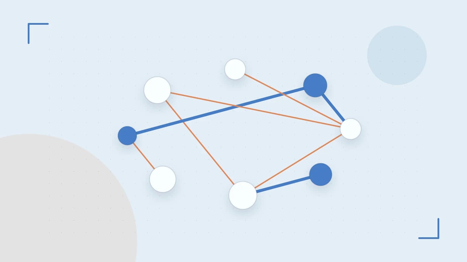 Editorial illustration of an algorithmic node graph with branching paths and a highlighted result