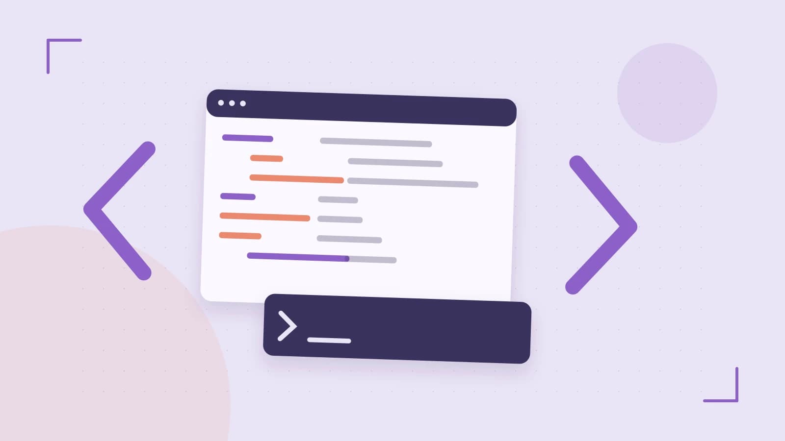 Editorial illustration of an abstract code editor, syntax blocks and oversized programming brackets