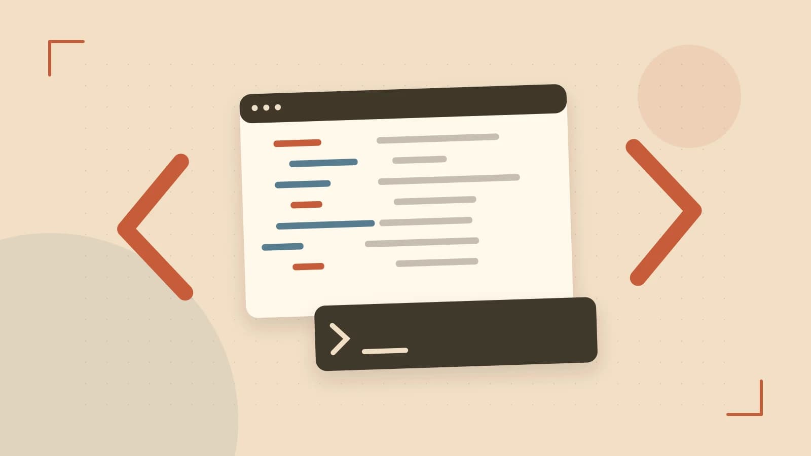 Editorial illustration of an abstract code editor, syntax blocks and oversized programming brackets