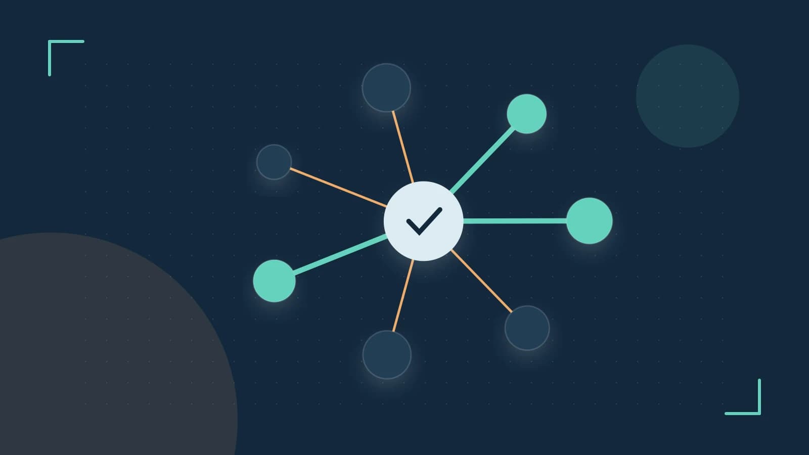 Editorial illustration of an algorithmic node graph with branching paths and a highlighted result