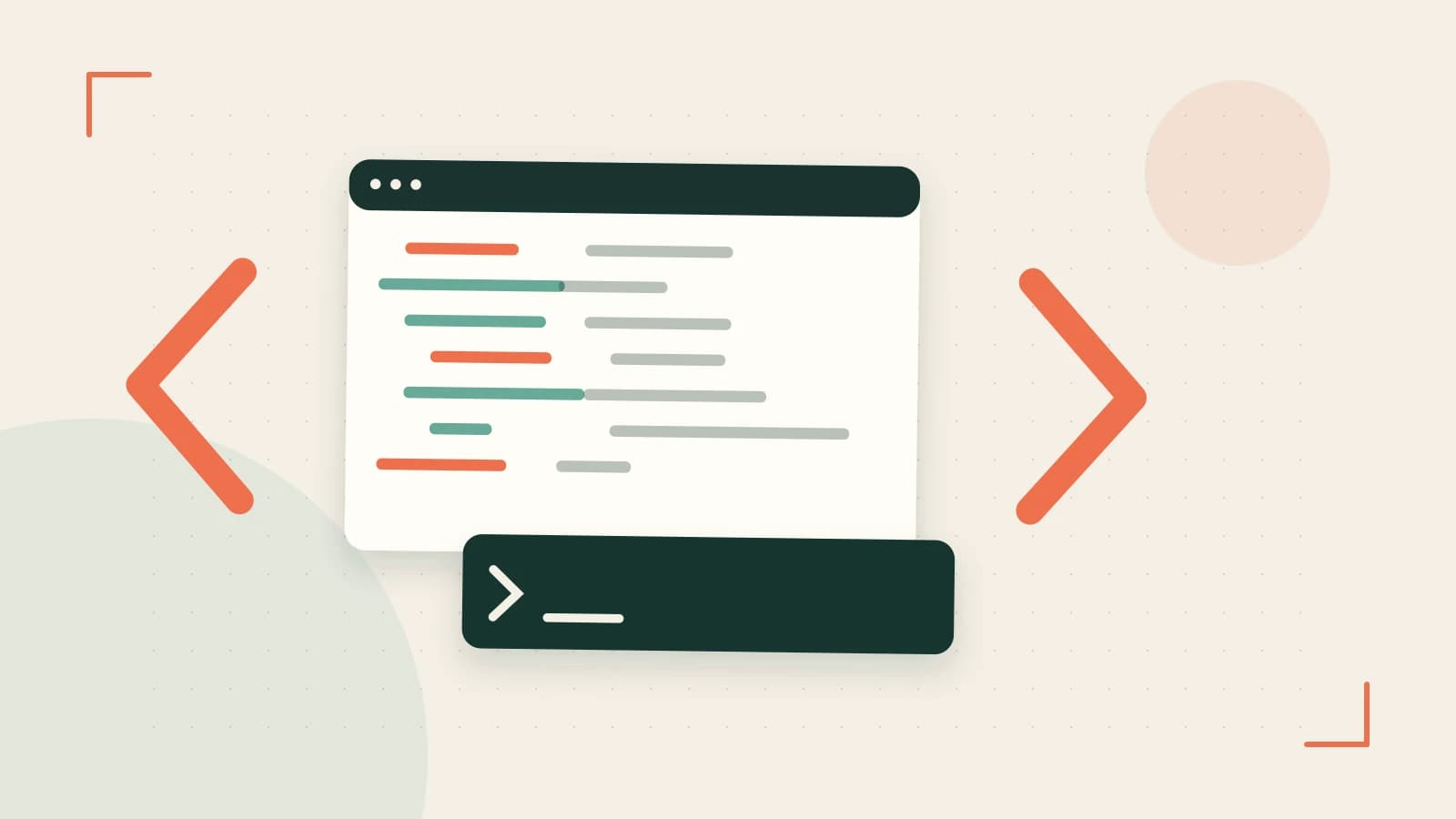 Editorial illustration of an abstract code editor, syntax blocks and oversized programming brackets
