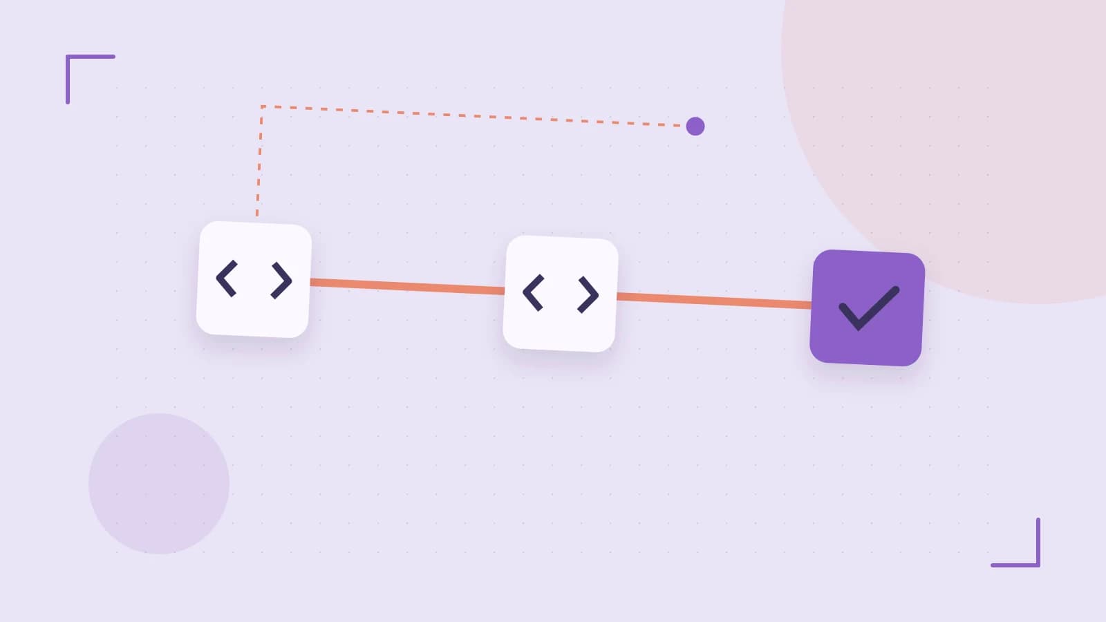 Editorial illustration of a branching build pipeline, staged transformations and a completed check