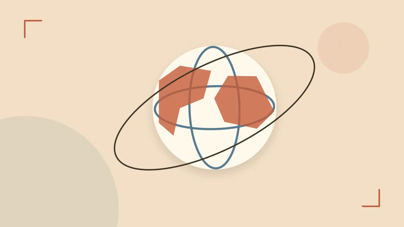 Editorial illustration of an editorial globe with meridians and layered geographic shapes